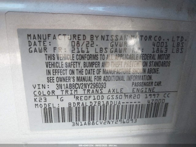 3N1AB8CV2NY296093 Nissan Sentra