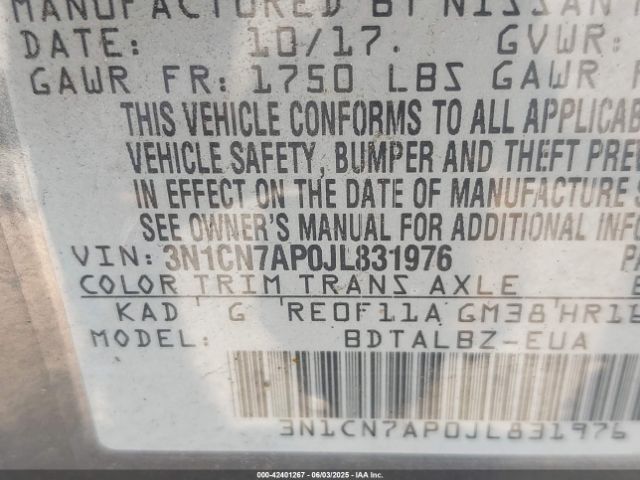 3N1CN7AP0JL831976 Nissan Versa 1.6 Sv