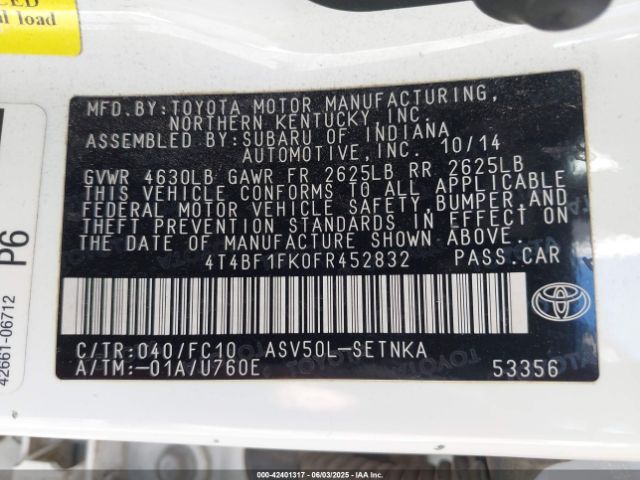 4T4BF1FK0FR452832 Toyota Camry Le/se/xle/xse