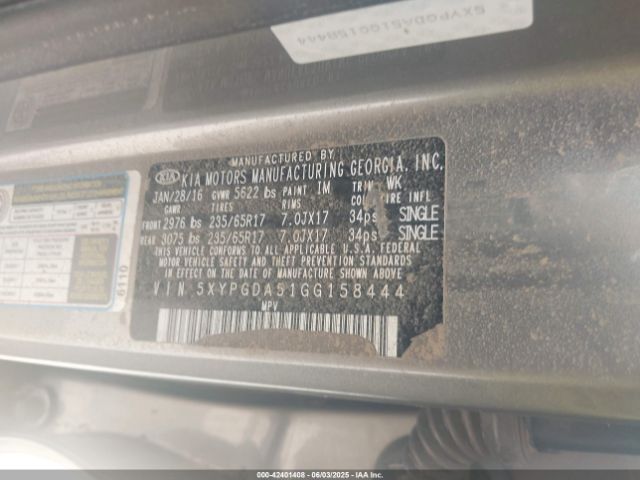 5XYPGDA51GG158444 KIA Sorento 3.3l Lx