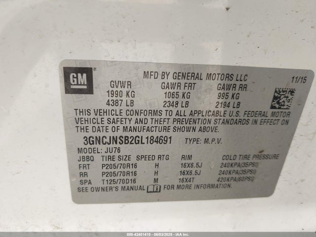 Chevrolet TRAX LS 2016 3GNCJNSB2GL184691 Image 9