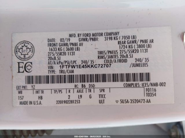 1FTFW1E45KKC72707 Ford F-150 Lariat