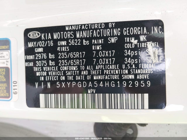 5XYPGDA54HG192959 KIA 2017
