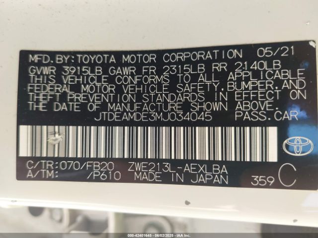 JTDEAMDE3MJ034045 Toyota Corolla Hybrid Le