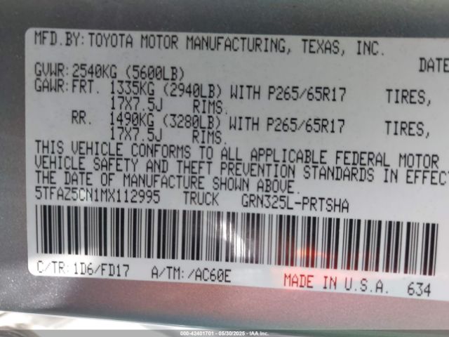 5TFAZ5CN1MX112995 Toyota Tacoma Trd Sport