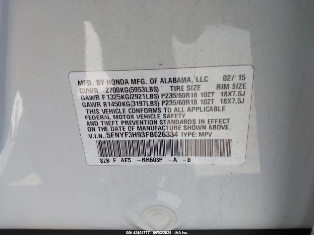 5FNYF3H93FB026334 Honda Pilot Touring