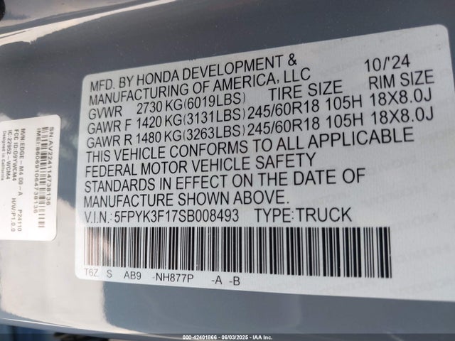 Honda j35y6 2025 5FPYK3F17SB008493 Image 9
