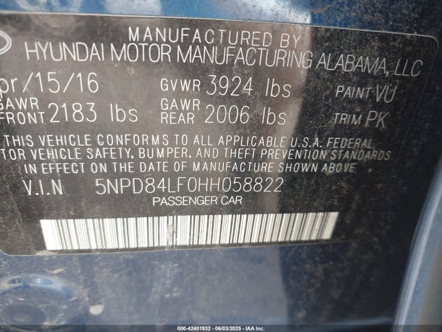 Продаж на аукціоні авто 2017 Hyundai Elantra Limited, vin: 5NPD84LF0HH058822, номер лоту: 42401932