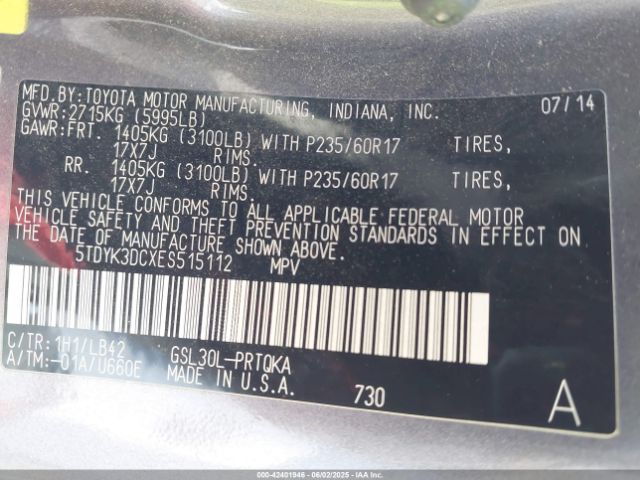5TDYK3DCXES515112 Toyota Sienna Xle V6 8 Passenger