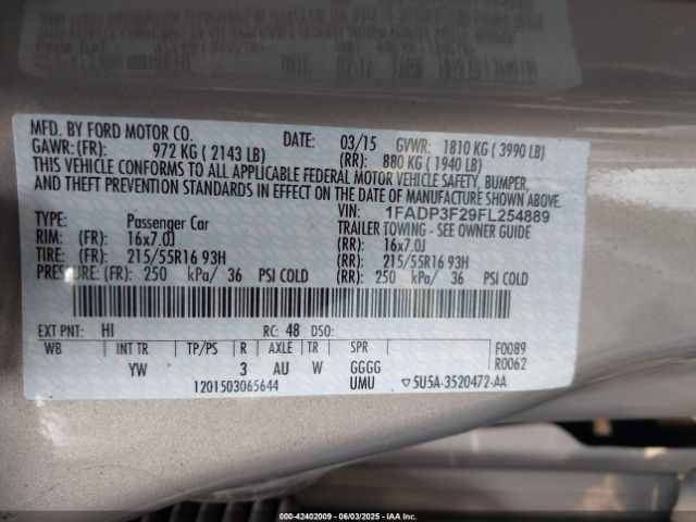 1FADP3F29FL254889 Ford FOCUS SE