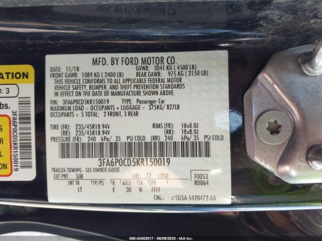 2019 FORD FUSION 3FA6P0CD5KR150019 Photo 8