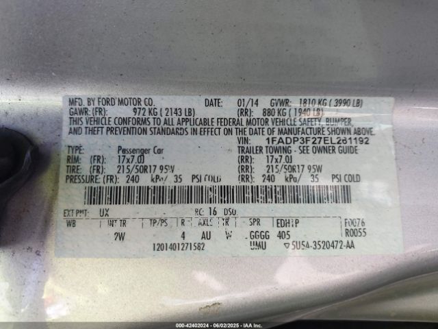 1FADP3F27EL261192 Ford FOCUS SE