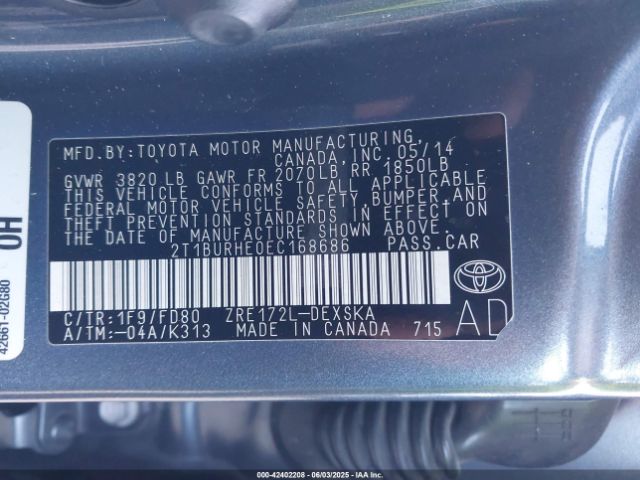 2014 TOYOTA COROLLA 2T1BURHE0EC168686 Photo 8