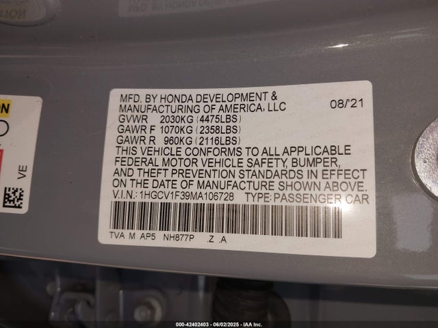 1HGCV1F39MA106728 Honda l15be