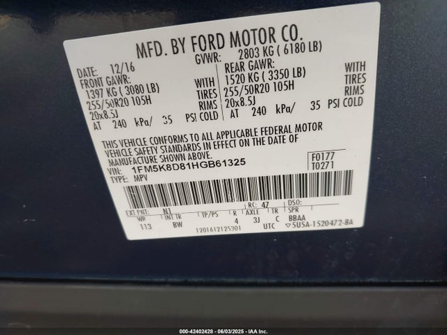 1FM5K8D81HGB61325 Ford 3.5l ti-vct