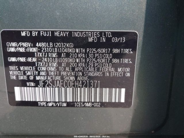 JF2SJAEC0EH421371 Subaru 2.5na u5