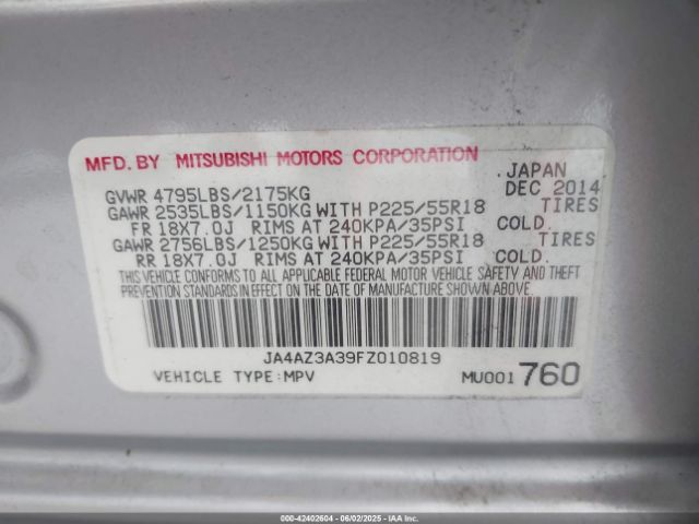 2015 MITSUBISHI OUTLANDER JA4AZ3A39FZ010819 Photo 8