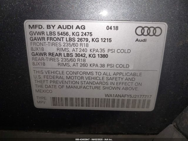WA1ANAFY5J2177717 Audi Q5 2.0t Premium/2.0t Tech Premium
