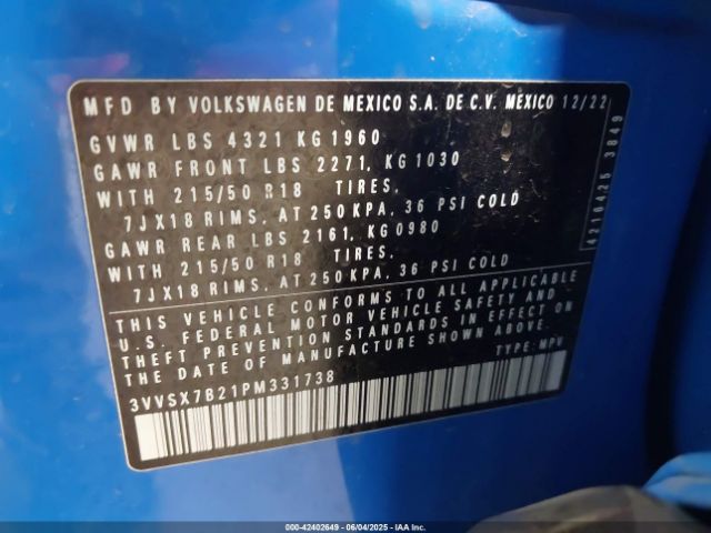 3VVSX7B21PM331738 Volkswagen Taos 1.5t Se