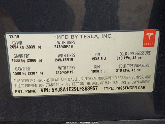 2020 TESLA MODEL S 5YJSA1E29LF363957 Photo 8