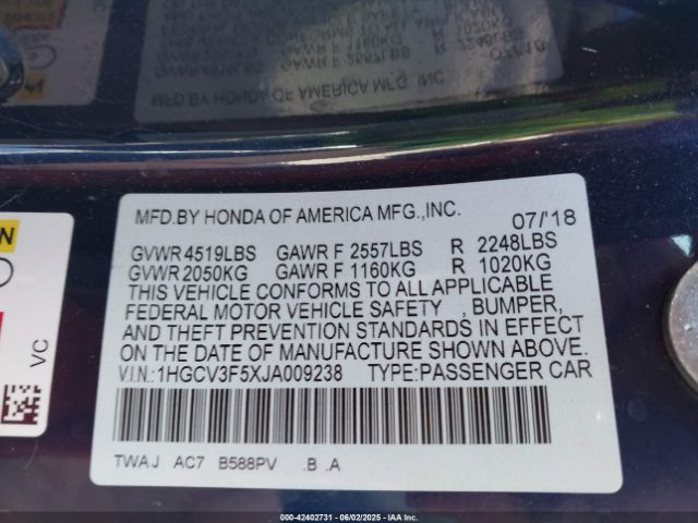 2018 HONDA ACCORD HYBRID 1HGCV3F5XJA009238 Photo 8