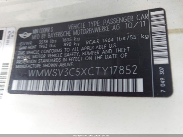 2012 MINI COOPER S WMWSV3C5XCTY17852 Photo 8