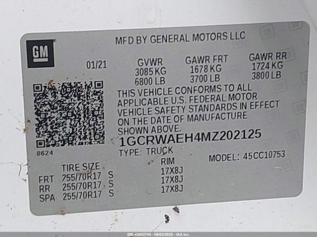 1GCRWAEH4MZ202125 Chevrolet Silverado 1500 2wd Double Cab Standard Bed Wt