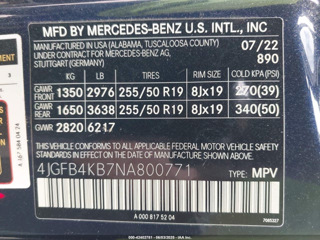 4JGFB4KB7NA800771 Mercedes-Benz m264