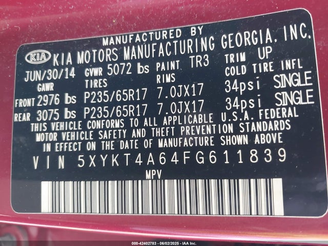 5XYKT4A64FG611839 KIA SORENTO LX