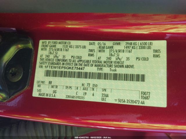 1FTEW1EP5GKE75447 Ford F-150 Xlt