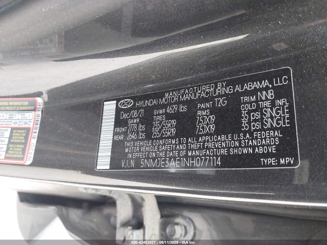 Aukcja sprzedaży 2022 Hyundai Tucson Limited, vin: 5NMJE3AE1NH077114, numer aukcji: 42402827