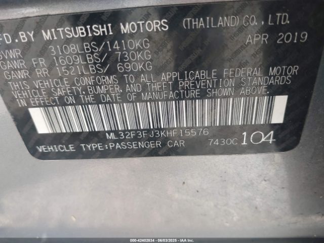 2019 MITSUBISHI MIRAGE G4 ML32F3FJ3KHF15576 Photo 8