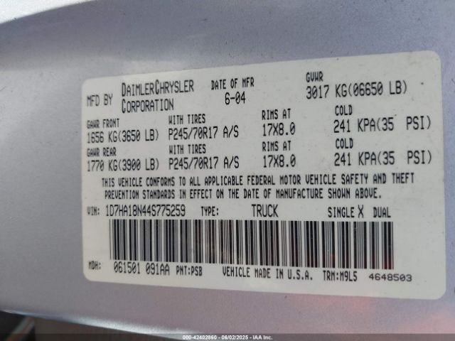 2004 DODGE RAM 1500 1D7HA18N44S775259 Photo 8