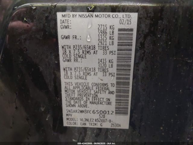 5N1AR2MM3FC650012 Nissan Pathfinder Platinum/s/sl/sv