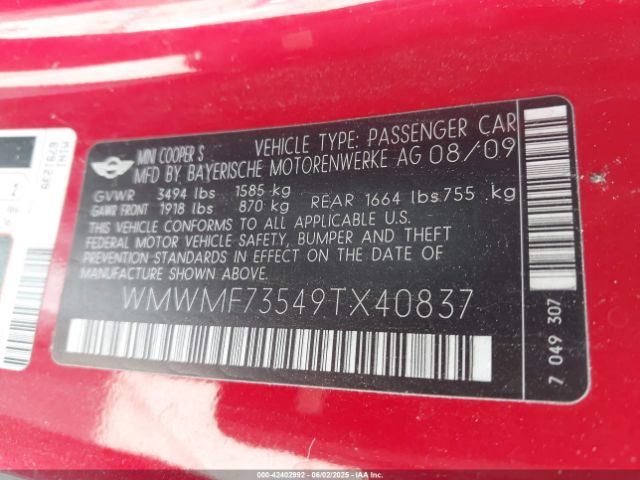 2009 MINI COOPER S WMWMF73549TX40837 Photo 8