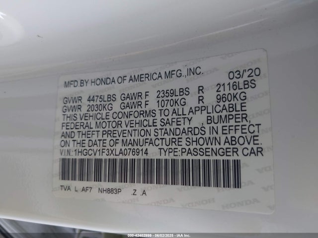 1HGCV1F3XLA076914 Honda l15be