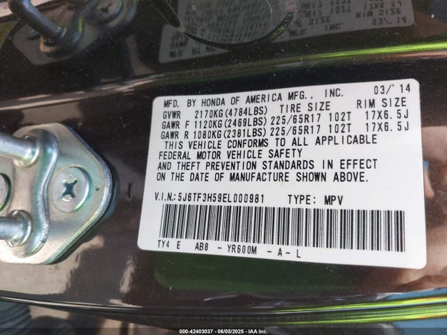 5J6TF3H59EL000981 Honda k24y2