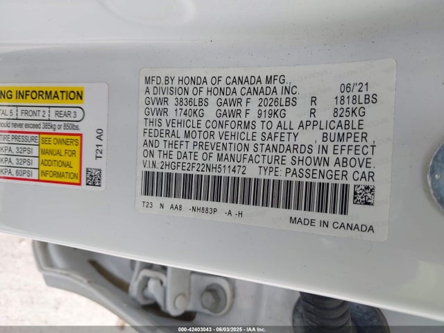 Honda k20c2 2022 2HGFE2F22NH511472 Image 9