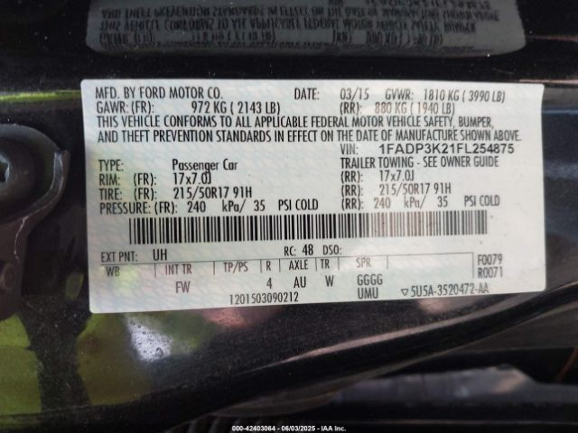 1FADP3K21FL254875 Ford FOCUS SE