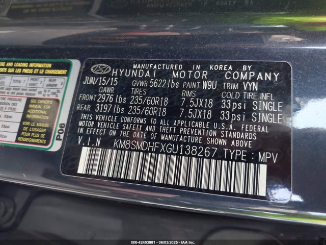 KM8SMDHFXGU138267 Hyundai gdi lambda ii