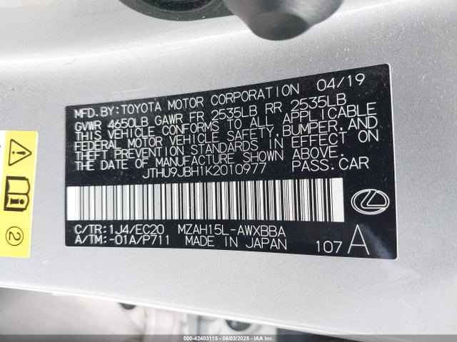 Lexus m20a-fxs, 3nm, 1mm 2019 JTHU9JBH1K2010977 Image 9