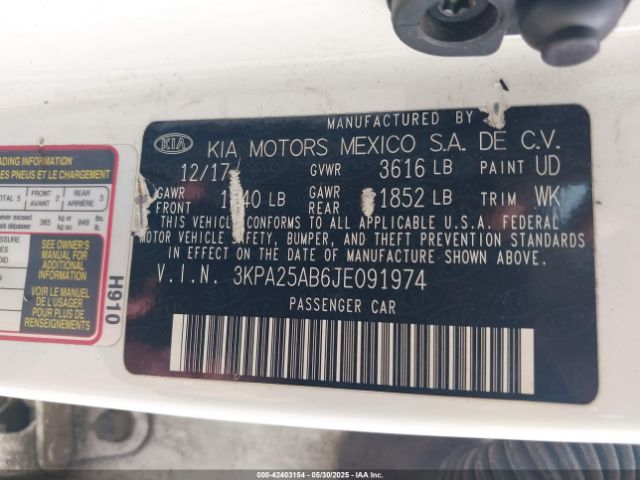 3KPA25AB6JE091974 KIA RIO LX