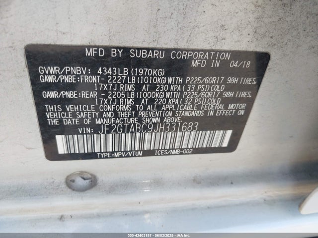 Subaru naturally aspirated 2018 JF2GTABC9JH331683 Image 9
