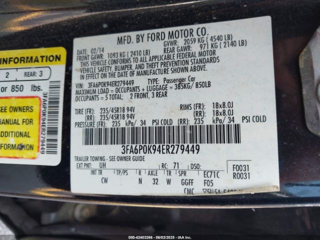 3FA6P0K94ER279449 Ford Fusion Titanium