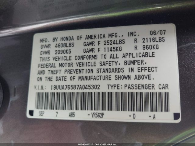2007 ACURA TL 19UUA76587A045302 Photo 8