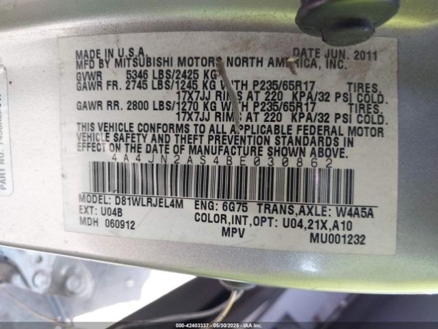 2011 MITSUBISHI ENDEAVOR 4A4JN2AS4BE030862 Photo 8