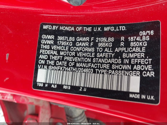 SHHFK7H47HU204603 Honda l15ba