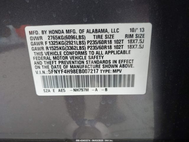 5FNYF4H98EB007217 Honda Pilot Touring