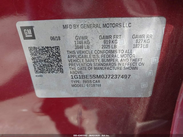 1G1BE5SM0J7237497 Chevrolet le2 -di: direct injection, vvt: variable valve timing, gen, alum