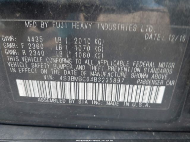 2011 SUBARU LEGACY 4S3BMBC64B3235897 Photo 8